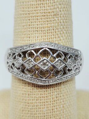 Vintage 925 Sterling Silver Lattice Band Ring Untested Clear Stones Sz 8.5